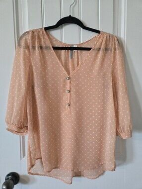 Peach Polka Dot V-Neck Blouse with Button Front